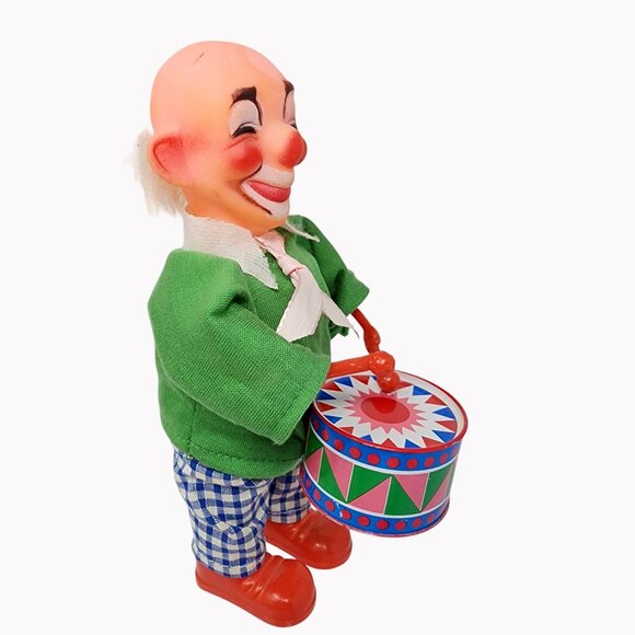 Vintage Wind-Up Tin Toy Clown Playing Drum 7" Tested  works great - Picture 3 of 6